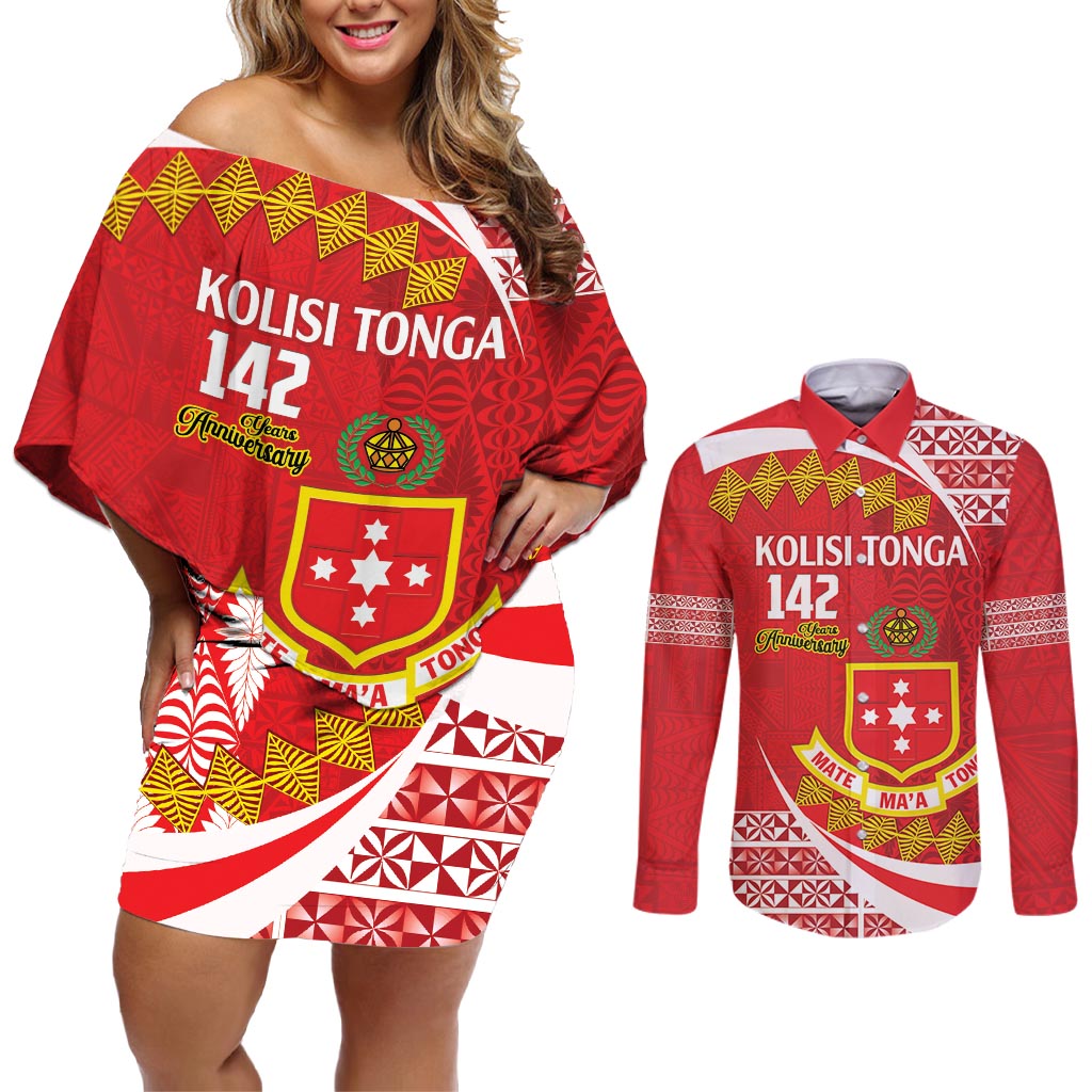 Personalised Kolisi Tonga College Atele Couples Matching Off Shoulder Short Dress and Long Sleeve Button Shirt Mate Maa Tonga 142 Years Anniversary LT14 Red - Polynesian Pride
