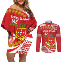 Personalised Kolisi Tonga College Atele Couples Matching Off Shoulder Short Dress and Long Sleeve Button Shirt Mate Maa Tonga 142 Years Anniversary LT14 Red - Polynesian Pride