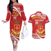 Personalised Kolisi Tonga College Atele Couples Matching Off The Shoulder Long Sleeve Dress and Hawaiian Shirt Mate Maa Tonga 142 Years Anniversary LT14 Red - Polynesian Pride