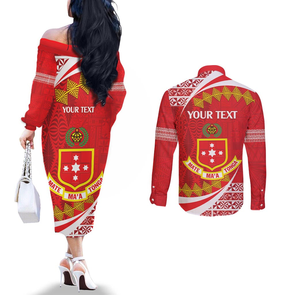 Personalised Kolisi Tonga College Atele Couples Matching Off The Shoulder Long Sleeve Dress and Long Sleeve Button Shirt Mate Maa Tonga 142 Years Anniversary LT14 - Polynesian Pride