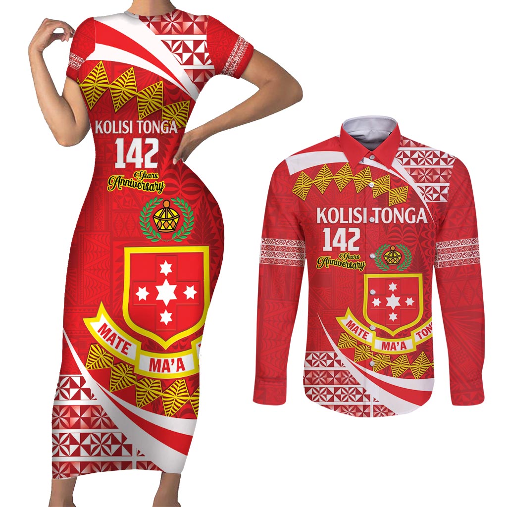 Personalised Kolisi Tonga College Atele Couples Matching Short Sleeve Bodycon Dress and Long Sleeve Button Shirt Mate Maa Tonga 142 Years Anniversary LT14 Red - Polynesian Pride