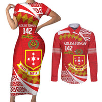 Personalised Kolisi Tonga College Atele Couples Matching Short Sleeve Bodycon Dress and Long Sleeve Button Shirt Mate Maa Tonga 142 Years Anniversary LT14 Red - Polynesian Pride