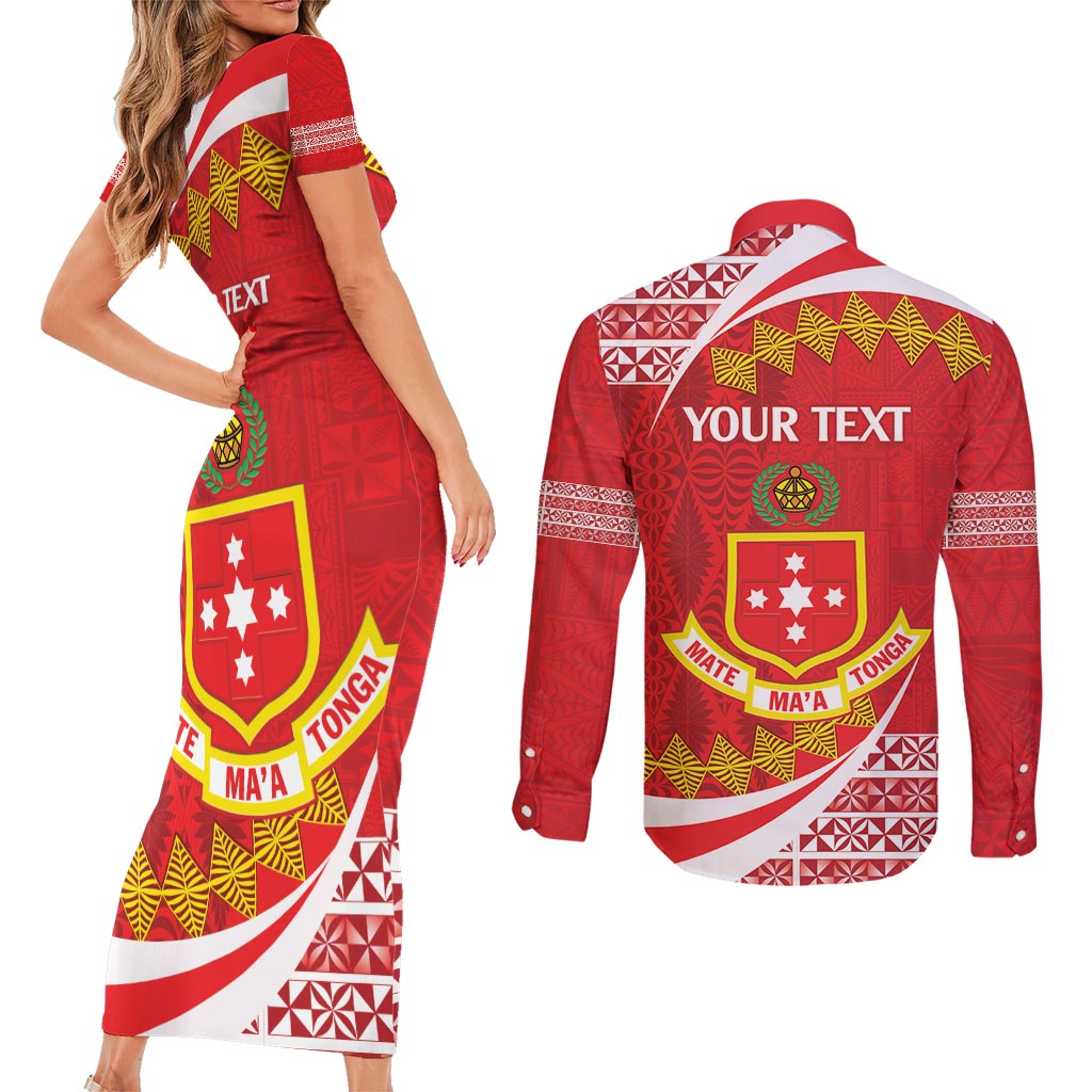 Personalised Kolisi Tonga College Atele Couples Matching Short Sleeve Bodycon Dress and Long Sleeve Button Shirt Mate Maa Tonga 142 Years Anniversary LT14 - Polynesian Pride