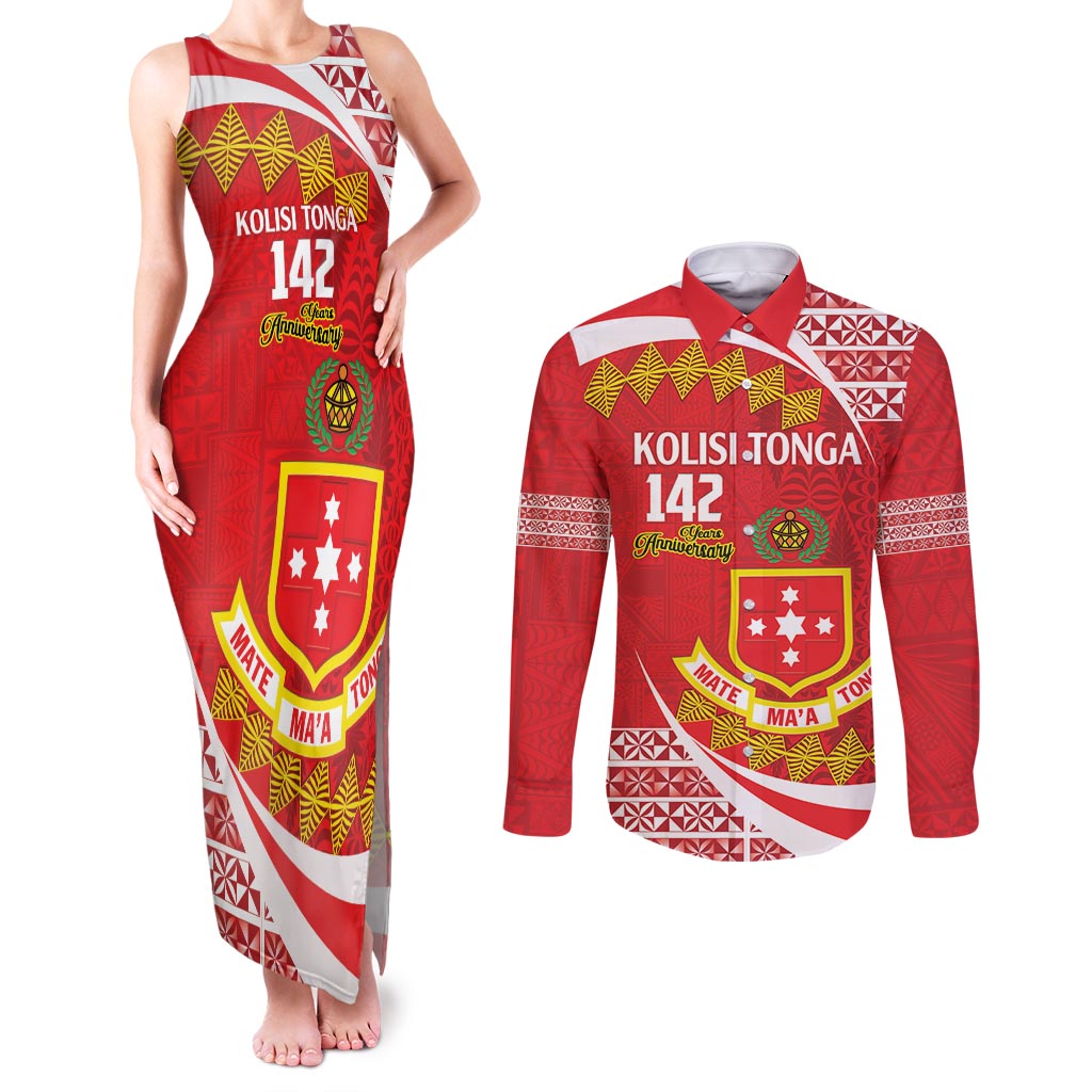 Personalised Kolisi Tonga College Atele Couples Matching Tank Maxi Dress and Long Sleeve Button Shirt Mate Maa Tonga 142 Years Anniversary LT14 Red - Polynesian Pride