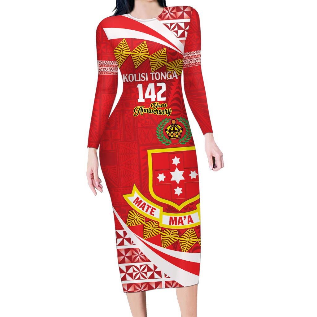 Personalised Kolisi Tonga College Atele Family Matching Long Sleeve Bodycon Dress and Hawaiian Shirt Mate Maa Tonga 142 Years Anniversary LT14 Mom's Dress Red - Polynesian Pride