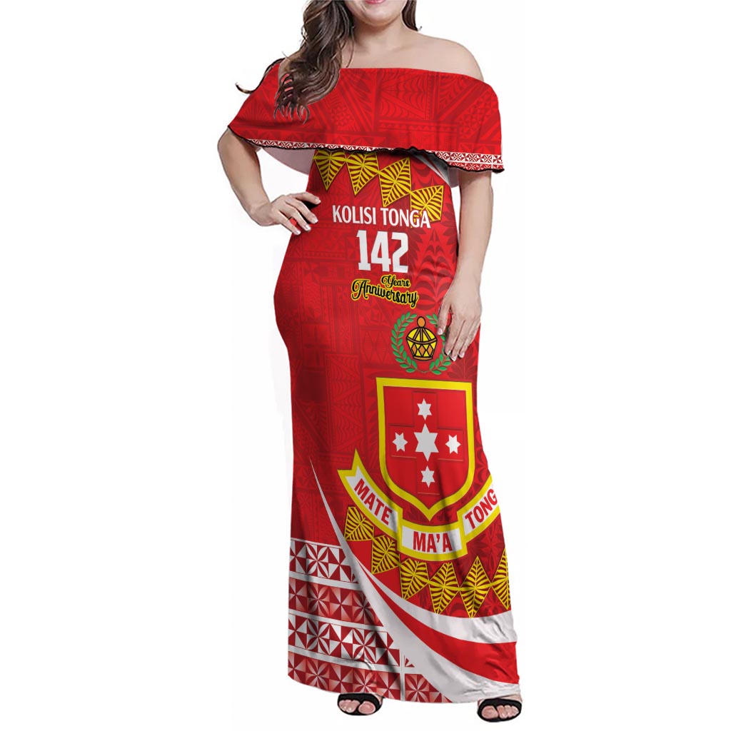 Personalised Kolisi Tonga College Atele Family Matching Off Shoulder Maxi Dress and Hawaiian Shirt Mate Maa Tonga 142 Years Anniversary LT14 Mom's Dress Red - Polynesian Pride