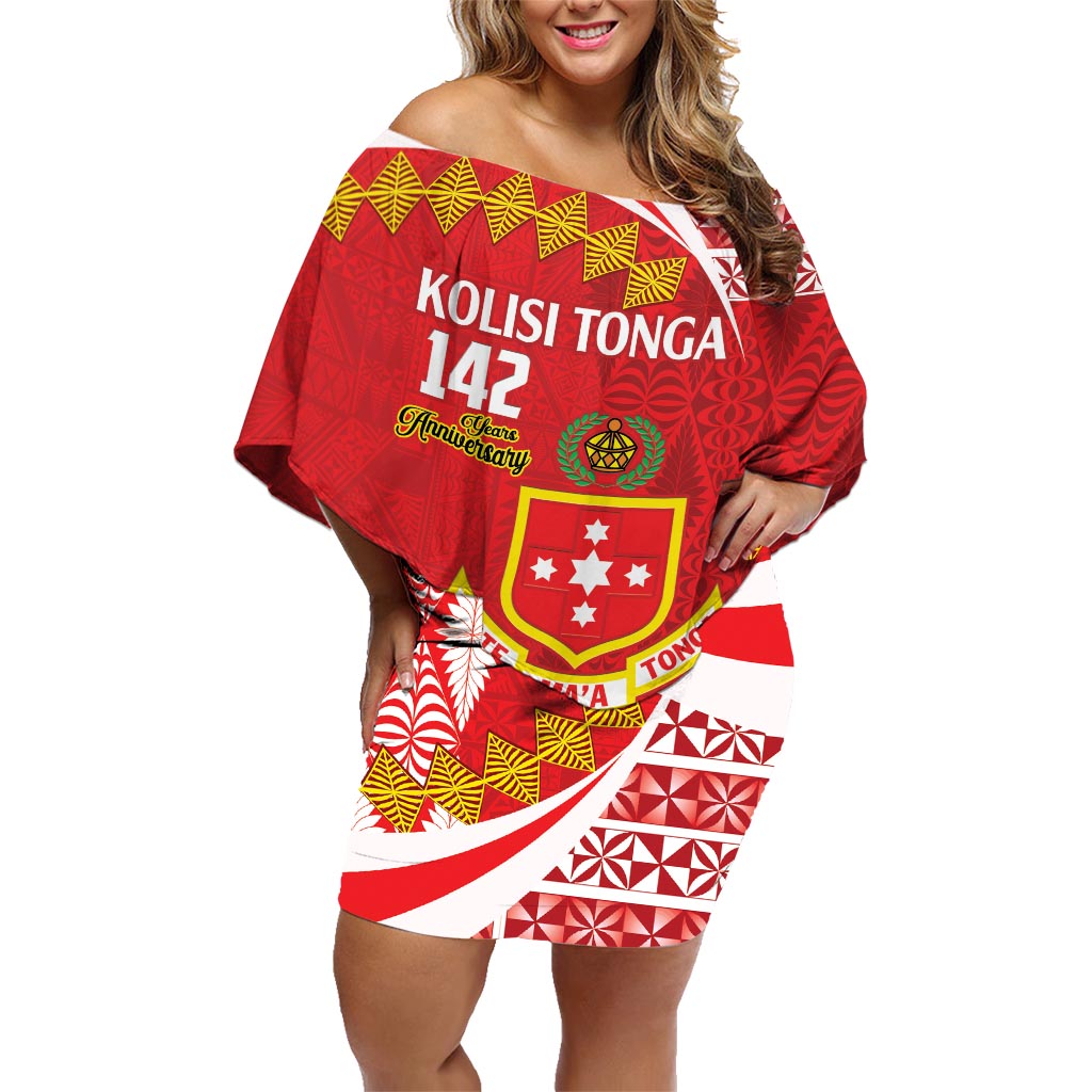 Personalised Kolisi Tonga College Atele Family Matching Off Shoulder Short Dress and Hawaiian Shirt Mate Maa Tonga 142 Years Anniversary LT14 Mom's Dress Red - Polynesian Pride