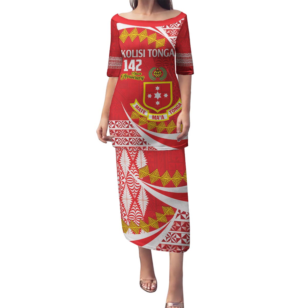 Personalised Kolisi Tonga College Atele Family Matching Puletasi and Hawaiian Shirt Mate Maa Tonga 142 Years Anniversary LT14 Mom's Dress Red - Polynesian Pride