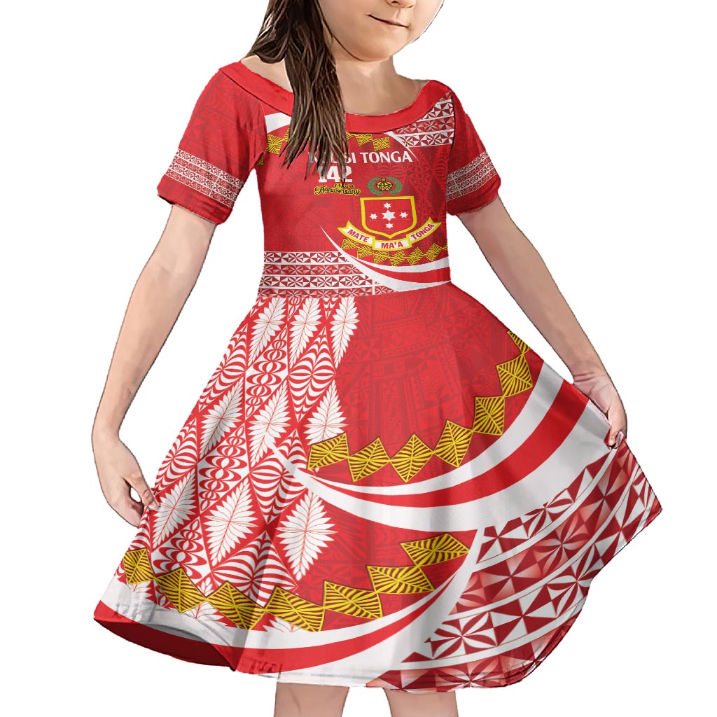 Personalised Kolisi Tonga College Atele Family Matching Short Sleeve Bodycon Dress and Hawaiian Shirt Mate Maa Tonga 142 Years Anniversary LT14 Daughter's Dress Red - Polynesian Pride