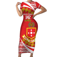 Personalised Kolisi Tonga College Atele Family Matching Short Sleeve Bodycon Dress and Hawaiian Shirt Mate Maa Tonga 142 Years Anniversary LT14 Mom's Dress Red - Polynesian Pride