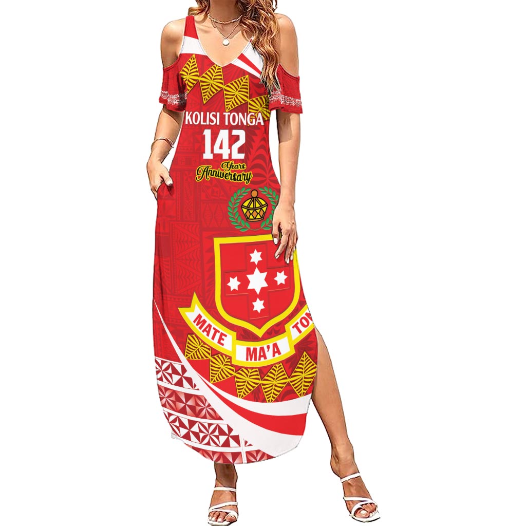 Personalised Kolisi Tonga College Atele Family Matching Summer Maxi Dress and Hawaiian Shirt Mate Maa Tonga 142 Years Anniversary LT14 Mom's Dress Red - Polynesian Pride