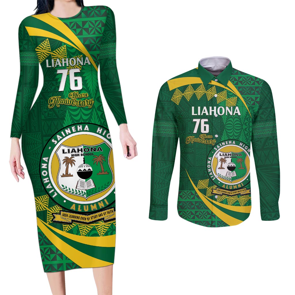 Personalised Tonga Liahona-Saineha High School Couples Matching Long Sleeve Bodycon Dress and Long Sleeve Button Shirt Happy 76 Years Anniversary LT14 Green - Polynesian Pride