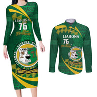 Personalised Tonga Liahona-Saineha High School Couples Matching Long Sleeve Bodycon Dress and Long Sleeve Button Shirt Happy 76 Years Anniversary LT14 Green - Polynesian Pride