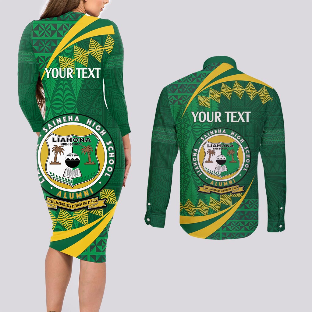 Personalised Tonga Liahona-Saineha High School Couples Matching Long Sleeve Bodycon Dress and Long Sleeve Button Shirt Happy 76 Years Anniversary LT14 - Polynesian Pride