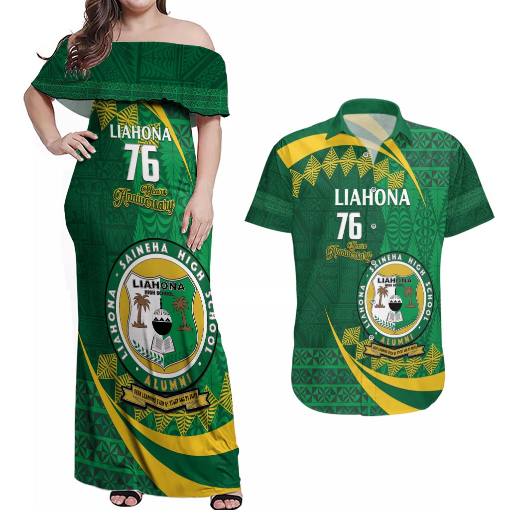 Personalised Tonga Liahona-Saineha High School Couples Matching Off Shoulder Maxi Dress and Hawaiian Shirt Happy 76 Years Anniversary LT14 Green - Polynesian Pride