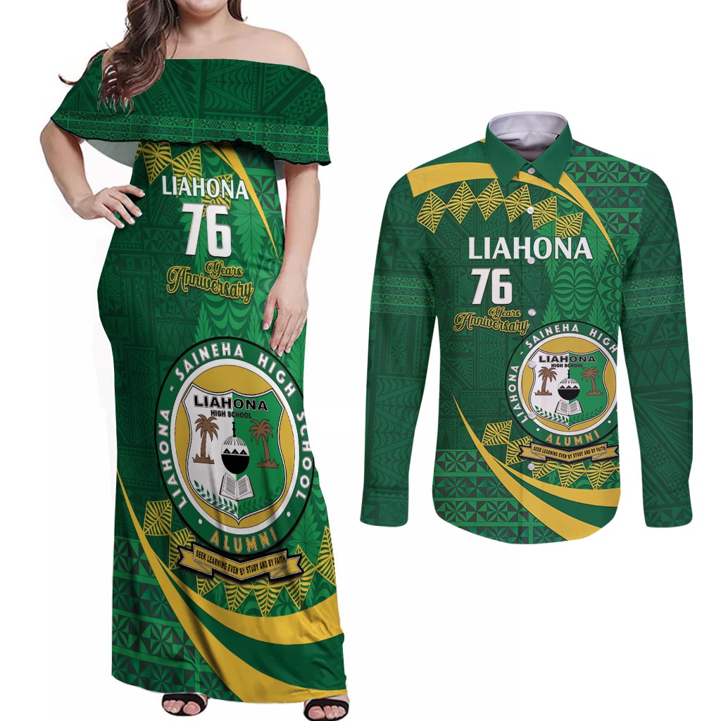 Personalised Tonga Liahona-Saineha High School Couples Matching Off Shoulder Maxi Dress and Long Sleeve Button Shirt Happy 76 Years Anniversary LT14 Green - Polynesian Pride