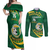 Personalised Tonga Liahona-Saineha High School Couples Matching Off Shoulder Maxi Dress and Long Sleeve Button Shirt Happy 76 Years Anniversary LT14 Green - Polynesian Pride