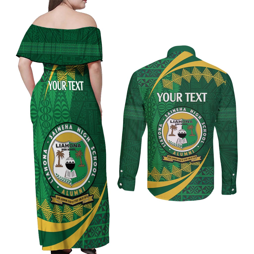Personalised Tonga Liahona-Saineha High School Couples Matching Off Shoulder Maxi Dress and Long Sleeve Button Shirt Happy 76 Years Anniversary LT14 - Polynesian Pride