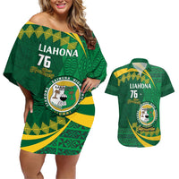 Personalised Tonga Liahona-Saineha High School Couples Matching Off Shoulder Short Dress and Hawaiian Shirt Happy 76 Years Anniversary LT14 Green - Polynesian Pride