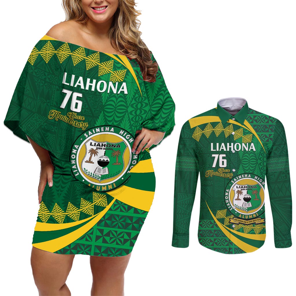 Personalised Tonga Liahona-Saineha High School Couples Matching Off Shoulder Short Dress and Long Sleeve Button Shirt Happy 76 Years Anniversary LT14 Green - Polynesian Pride