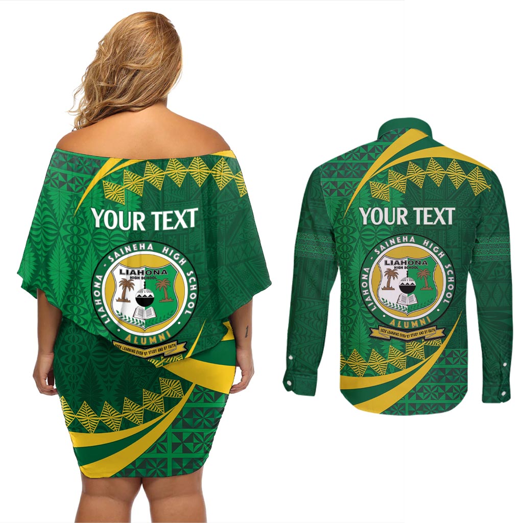 Personalised Tonga Liahona-Saineha High School Couples Matching Off Shoulder Short Dress and Long Sleeve Button Shirt Happy 76 Years Anniversary LT14 - Polynesian Pride