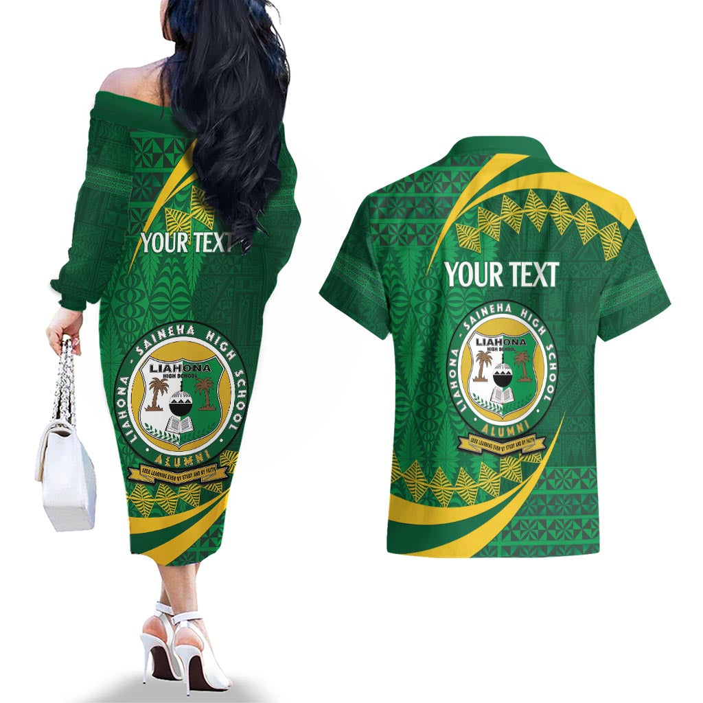 Personalised Tonga Liahona-Saineha High School Couples Matching Off The Shoulder Long Sleeve Dress and Hawaiian Shirt Happy 76 Years Anniversary LT14 - Polynesian Pride