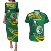 Personalised Tonga Liahona-Saineha High School Couples Matching Puletasi and Hawaiian Shirt Happy 76 Years Anniversary LT14 Green - Polynesian Pride