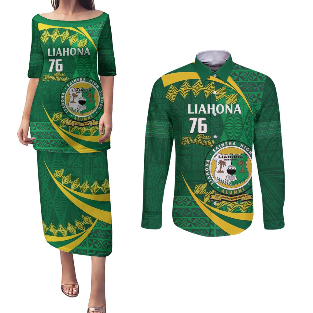 Personalised Tonga Liahona-Saineha High School Couples Matching Puletasi and Long Sleeve Button Shirt Happy 76 Years Anniversary LT14 Green - Polynesian Pride