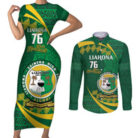 Personalised Tonga Liahona-Saineha High School Couples Matching Short Sleeve Bodycon Dress and Long Sleeve Button Shirt Happy 76 Years Anniversary LT14 Green - Polynesian Pride