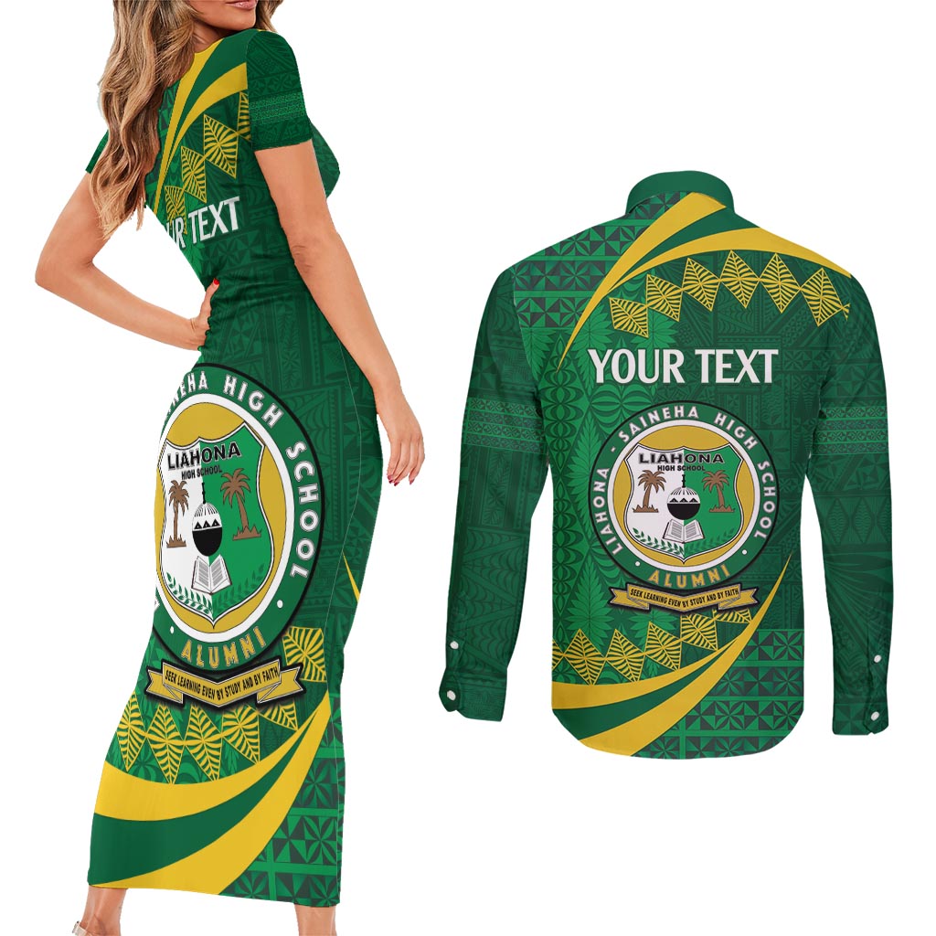 Personalised Tonga Liahona-Saineha High School Couples Matching Short Sleeve Bodycon Dress and Long Sleeve Button Shirt Happy 76 Years Anniversary LT14 - Polynesian Pride