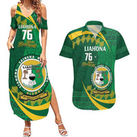 Personalised Tonga Liahona-Saineha High School Couples Matching Summer Maxi Dress and Hawaiian Shirt Happy 76 Years Anniversary LT14 Green - Polynesian Pride