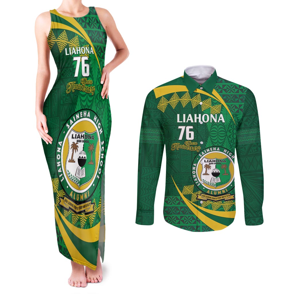 Personalised Tonga Liahona-Saineha High School Couples Matching Tank Maxi Dress and Long Sleeve Button Shirt Happy 76 Years Anniversary LT14 Green - Polynesian Pride