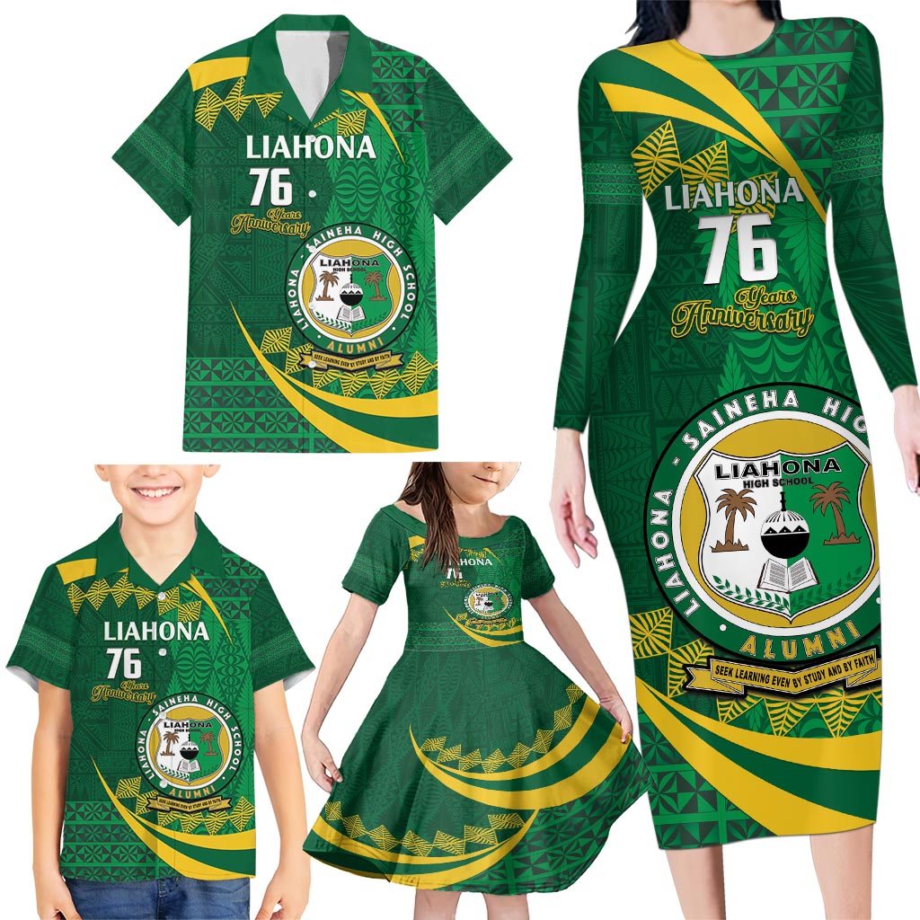 Personalised Tonga Liahona-Saineha High School Family Matching Long Sleeve Bodycon Dress and Hawaiian Shirt Happy 76 Years Anniversary LT14 - Polynesian Pride