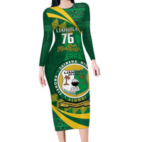 Personalised Tonga Liahona-Saineha High School Family Matching Long Sleeve Bodycon Dress and Hawaiian Shirt Happy 76 Years Anniversary LT14 Mom's Dress Green - Polynesian Pride