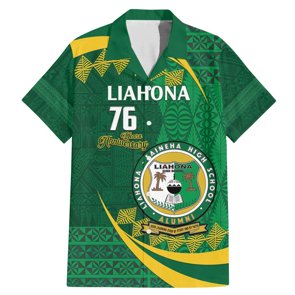 Personalised Tonga Liahona-Saineha High School Family Matching Mermaid Dress and Hawaiian Shirt Happy 76 Years Anniversary LT14 Dad's Shirt - Short Sleeve Green - Polynesian Pride