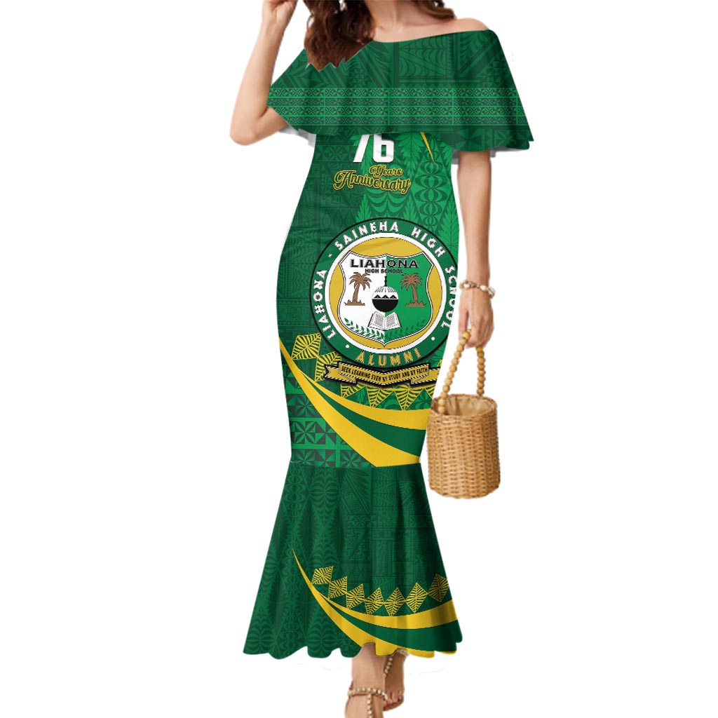 Personalised Tonga Liahona-Saineha High School Family Matching Mermaid Dress and Hawaiian Shirt Happy 76 Years Anniversary LT14 Mom's Dress Green - Polynesian Pride