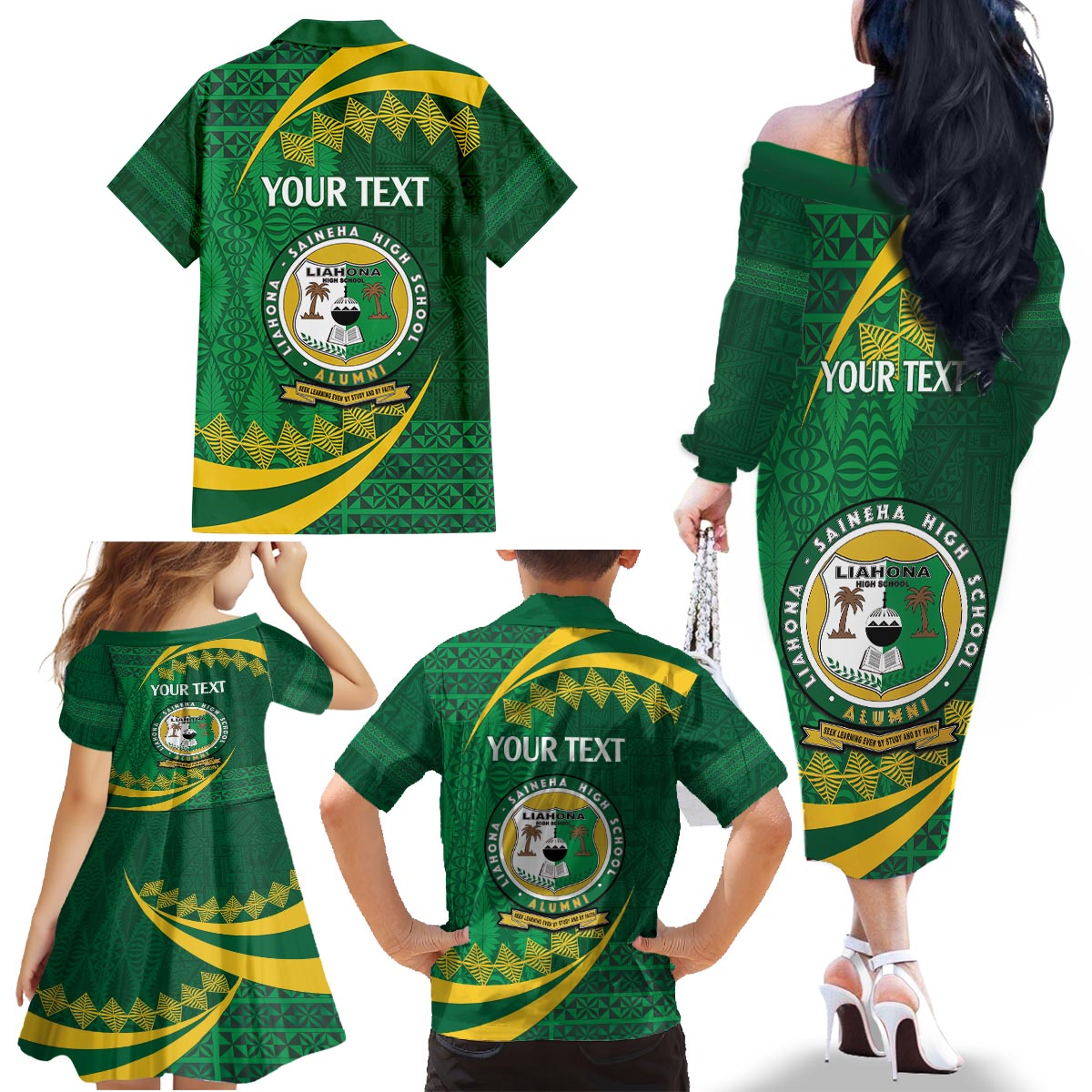 Personalised Tonga Liahona-Saineha High School Family Matching Off The Shoulder Long Sleeve Dress and Hawaiian Shirt Happy 76 Years Anniversary LT14 - Polynesian Pride