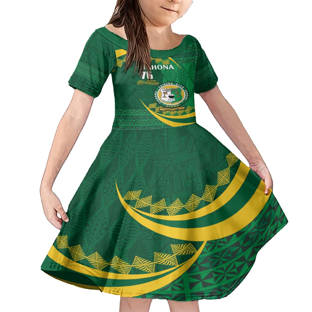 Personalised Tonga Liahona-Saineha High School Family Matching Off Shoulder Maxi Dress and Hawaiian Shirt Happy 76 Years Anniversary LT14 Daughter's Dress Green - Polynesian Pride