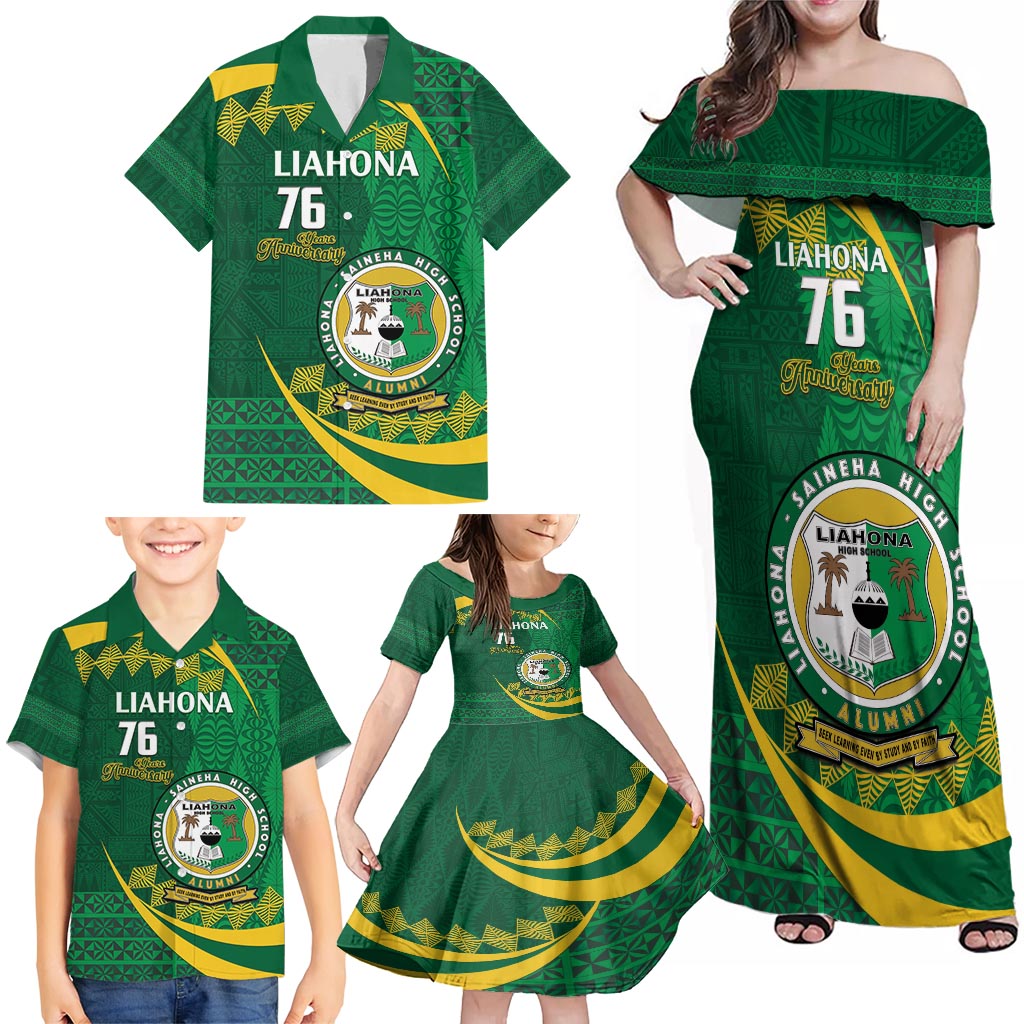 Personalised Tonga Liahona-Saineha High School Family Matching Off Shoulder Maxi Dress and Hawaiian Shirt Happy 76 Years Anniversary LT14 - Polynesian Pride