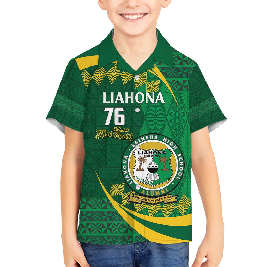 Personalised Tonga Liahona-Saineha High School Family Matching Off Shoulder Maxi Dress and Hawaiian Shirt Happy 76 Years Anniversary LT14 Son's Shirt Green - Polynesian Pride