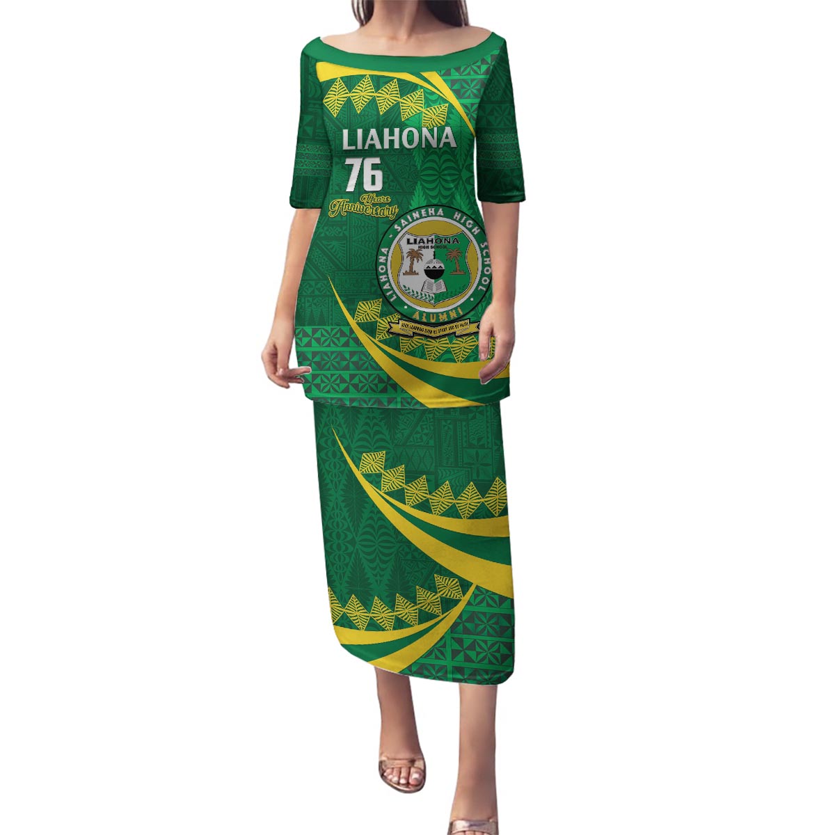 Personalised Tonga Liahona-Saineha High School Family Matching Puletasi and Hawaiian Shirt Happy 76 Years Anniversary LT14 Mom's Dress Green - Polynesian Pride