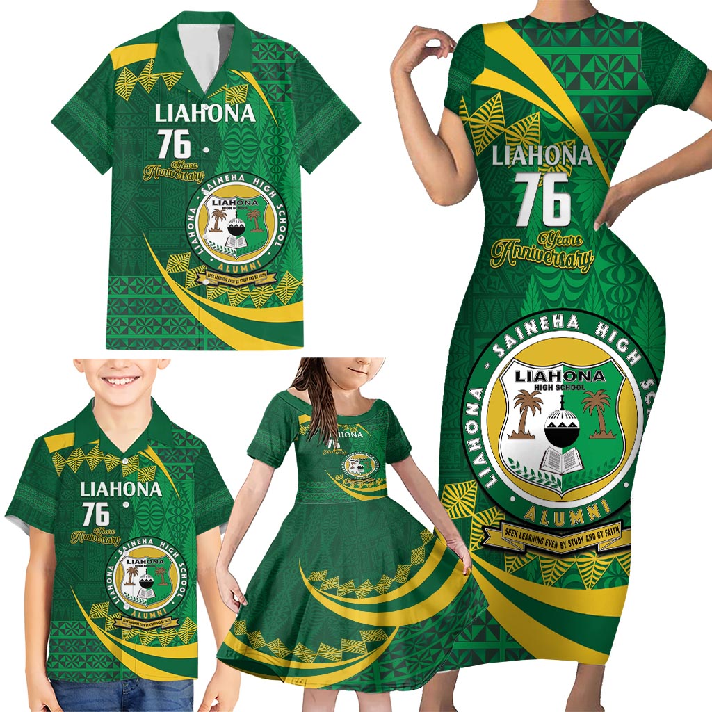 Personalised Tonga Liahona-Saineha High School Family Matching Short Sleeve Bodycon Dress and Hawaiian Shirt Happy 76 Years Anniversary LT14 - Polynesian Pride