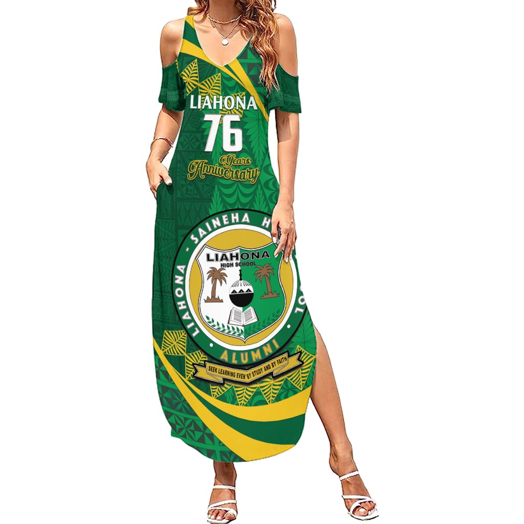Personalised Tonga Liahona-Saineha High School Family Matching Summer Maxi Dress and Hawaiian Shirt Happy 76 Years Anniversary LT14 Mom's Dress Green - Polynesian Pride