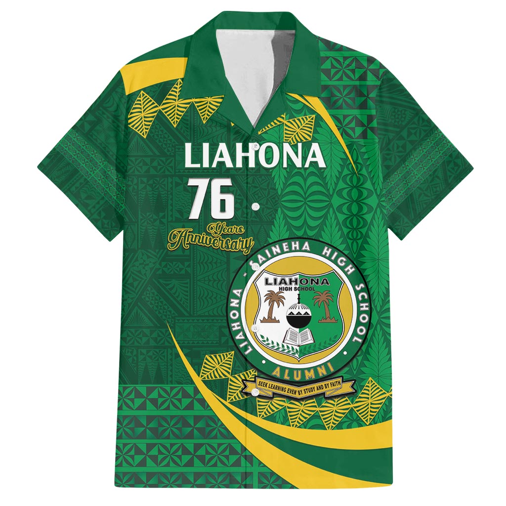 Personalised Tonga Liahona-Saineha High School Family Matching Tank Maxi Dress and Hawaiian Shirt Happy 76 Years Anniversary LT14 Dad's Shirt - Short Sleeve Green - Polynesian Pride