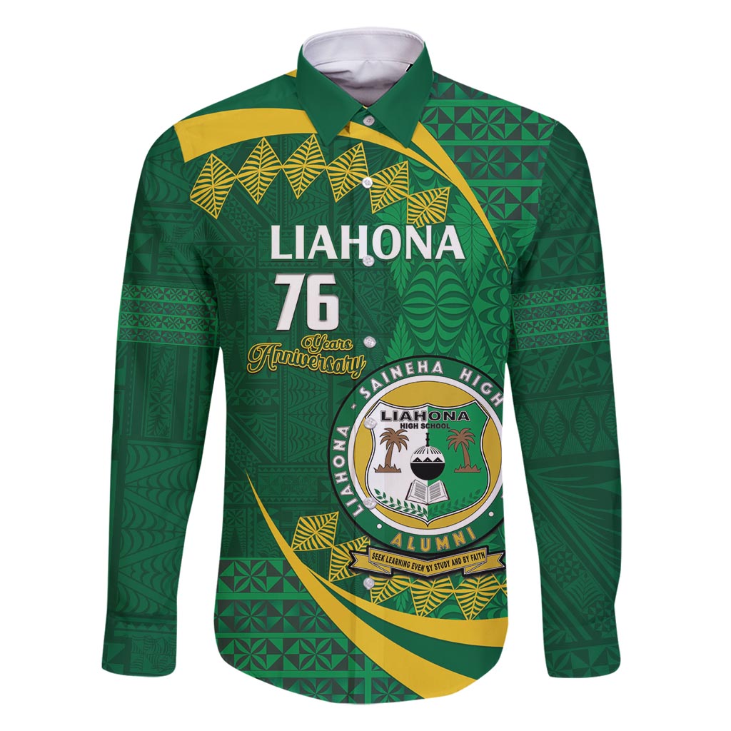 Personalised Tonga Liahona-Saineha High School Family Matching Tank Maxi Dress and Hawaiian Shirt Happy 76 Years Anniversary LT14 Dad's Shirt - Long Sleeve Green - Polynesian Pride