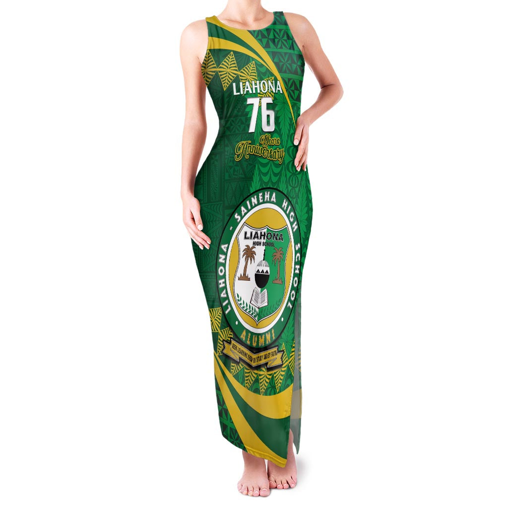 Personalised Tonga Liahona-Saineha High School Family Matching Tank Maxi Dress and Hawaiian Shirt Happy 76 Years Anniversary LT14 Mom's Dress Green - Polynesian Pride