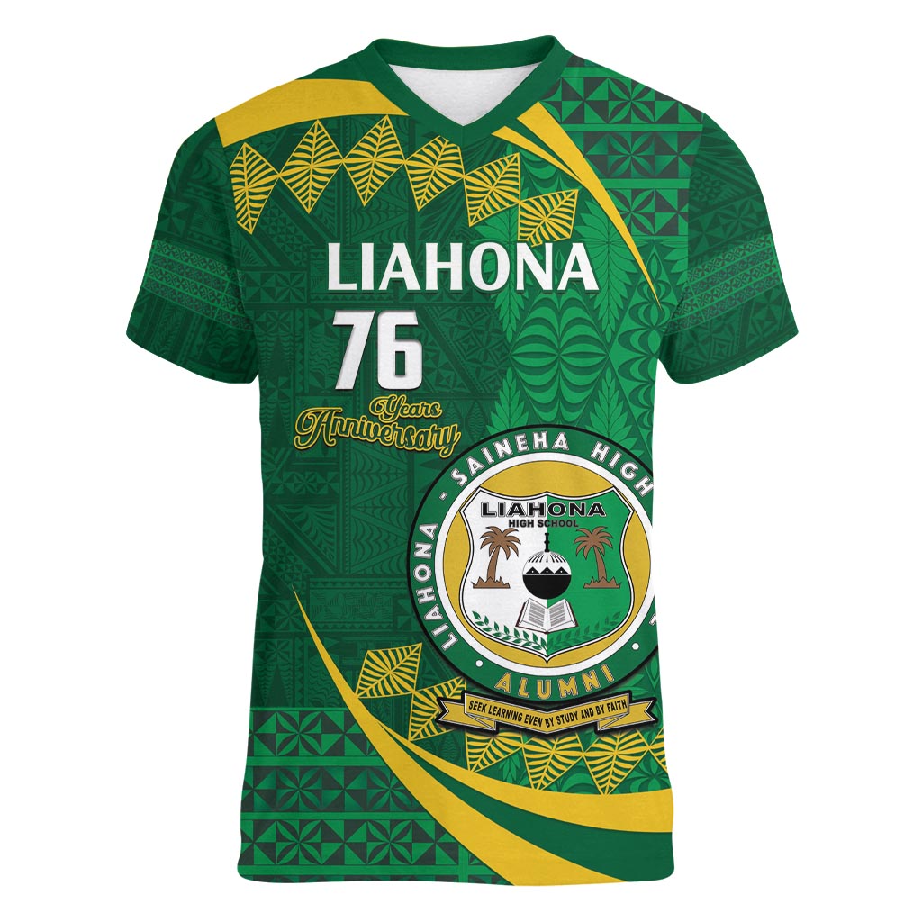 Personalised Tonga Liahona-Saineha High School Women V-Neck T-Shirt Happy 76 Years Anniversary LT14 Female Green - Polynesian Pride