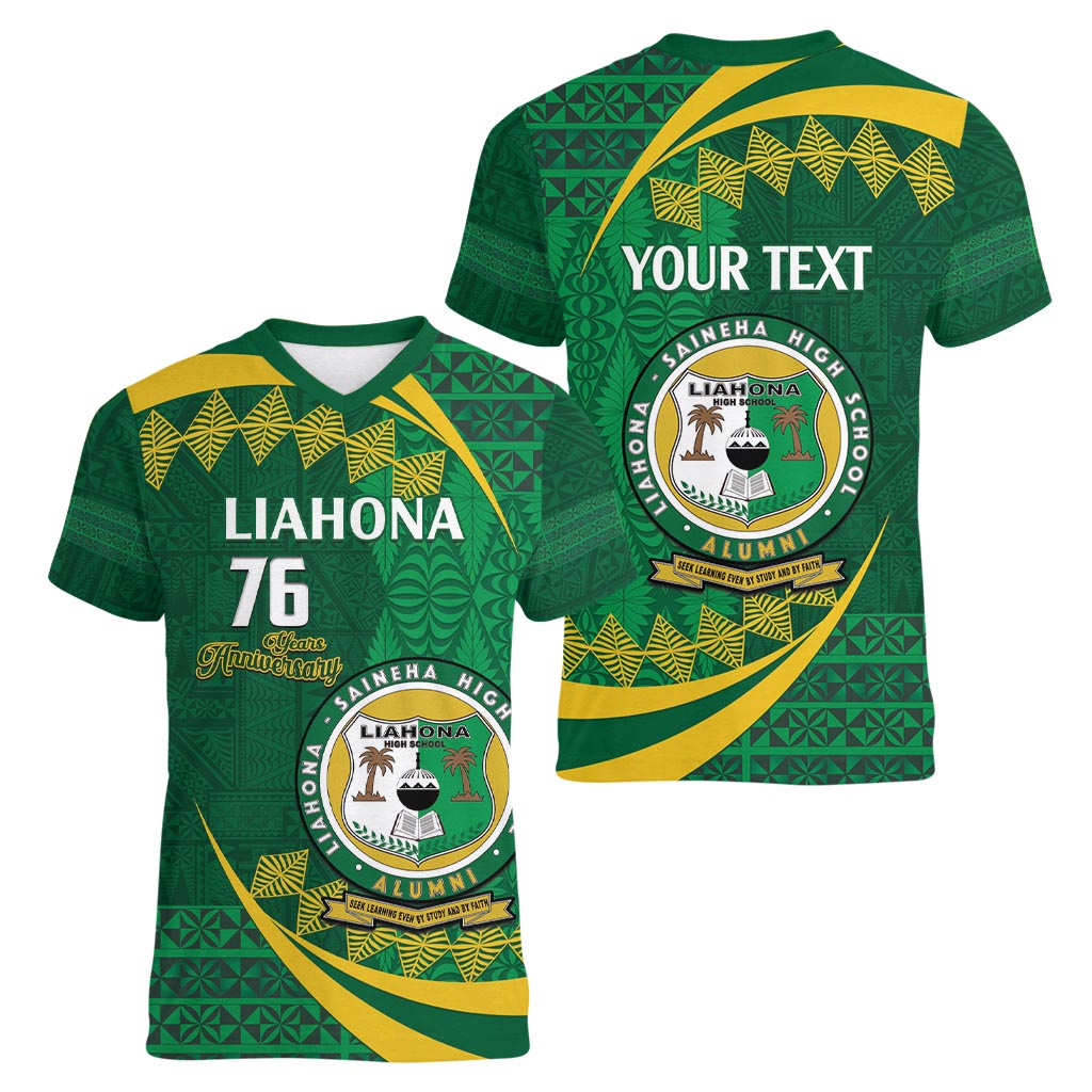 Personalised Tonga Liahona-Saineha High School Women V-Neck T-Shirt Happy 76 Years Anniversary LT14 - Polynesian Pride