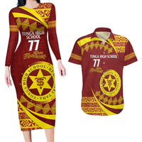Personalised Tonga High School Couples Matching Long Sleeve Bodycon Dress and Hawaiian Shirt Happy 77 Years Anniversary LT14 Maroon - Polynesian Pride