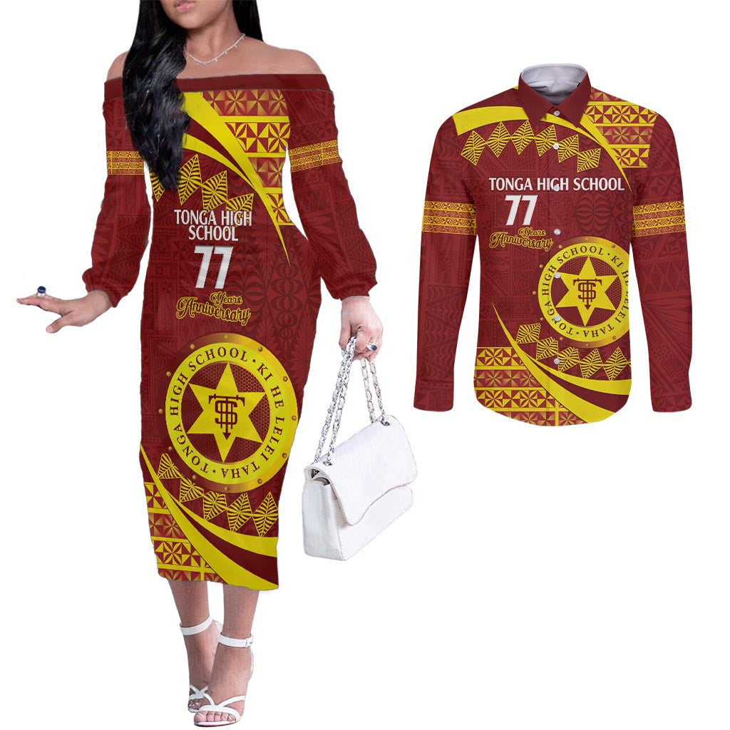 Personalised Tonga High School Couples Matching Off The Shoulder Long Sleeve Dress and Long Sleeve Button Shirt Happy 77 Years Anniversary LT14 Maroon - Polynesian Pride